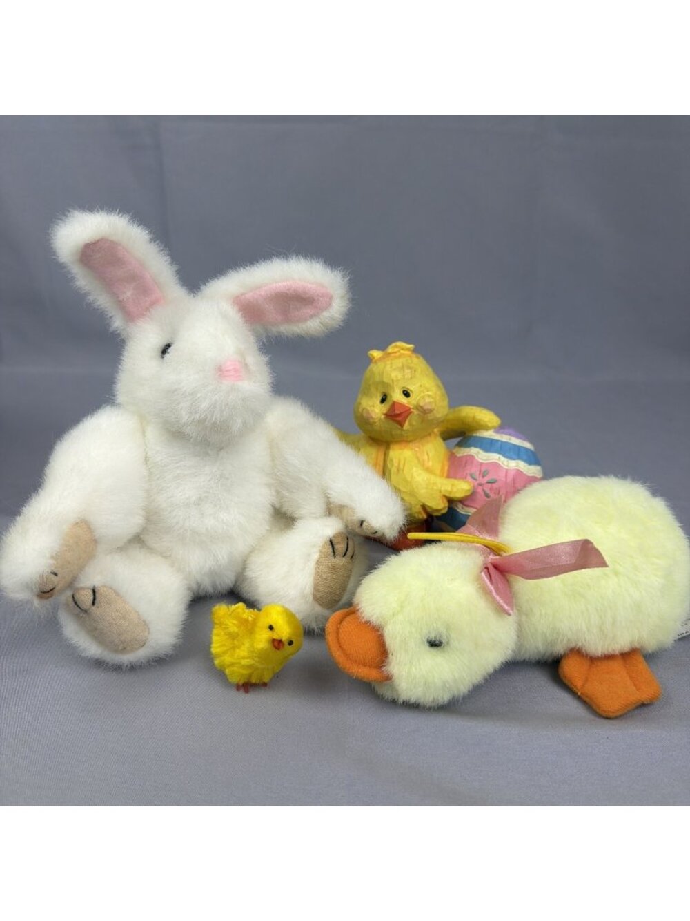 Vintage 1990s Plush Jointed Rabbit Ducks Chicks Yellow Easter Spring Figurine